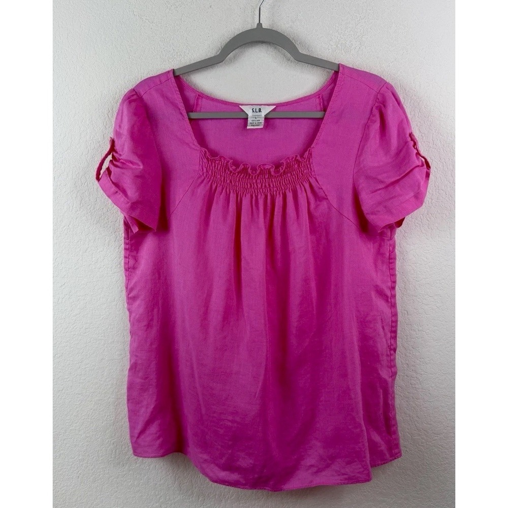 S.L.B. 100% Linen Blouse Top L Pink Puff Sleeve Smocked Neck Cottagecore Peasant